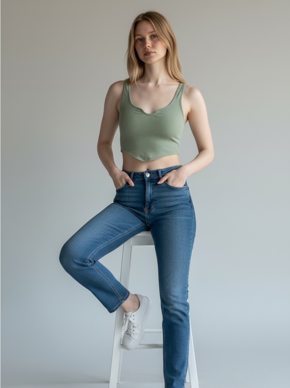 Nikibiki Ribbed Scoop Crop Tank in Sage